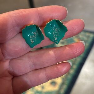 Vintage Green Enamel Leaf Stud Earrings